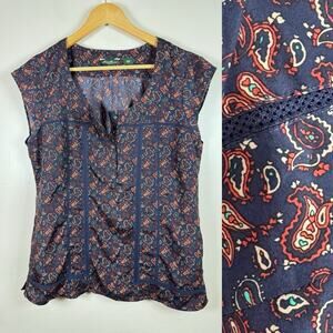 Eddie Bauer Womens Top Peasant Blouse Crochet Paisley L Boho Coastal Beach
